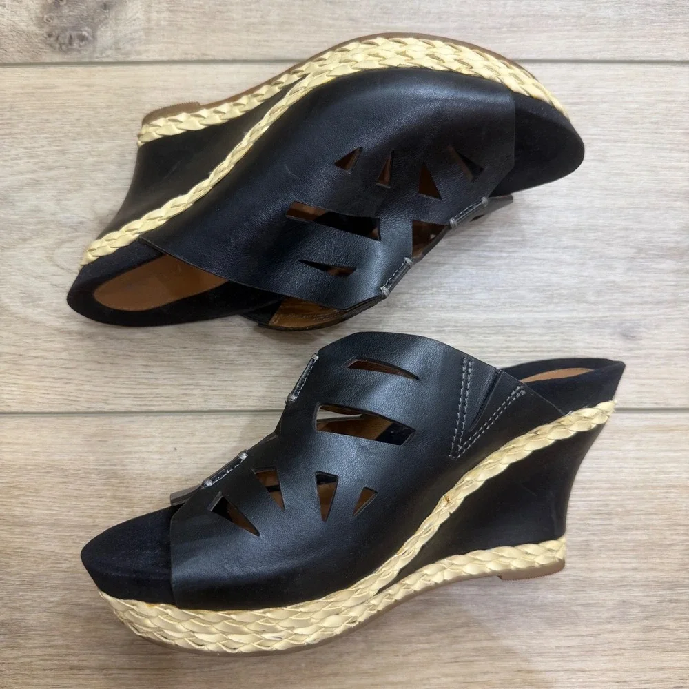 Earthies Setina Black Leather Cut Out Wedge Sandals Braided Trim Slide Mules 7